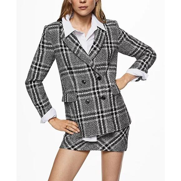 MNG by Mango Tweed Check Double-Breasted Blazer - Size M Black White - Picture 2 of 9